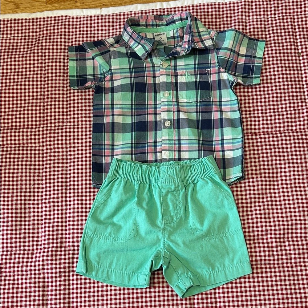 Carter's Plaid Shirt and Green Shorts Set